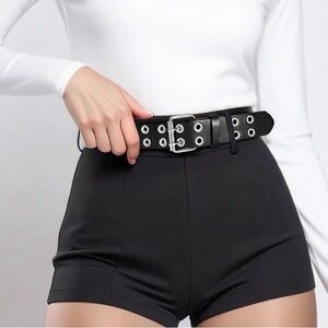 Calvin Klein Jeans Black Double-Row Eyelet Belt with Silver Buckle
